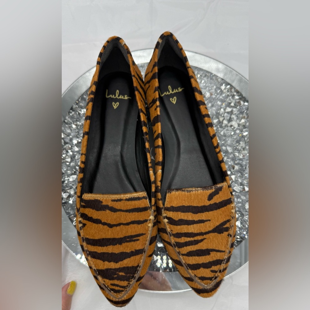 Lulus Emmy Leather Tiger Calf Hair Pointed-Toe Loafers - Picture 3 of 4